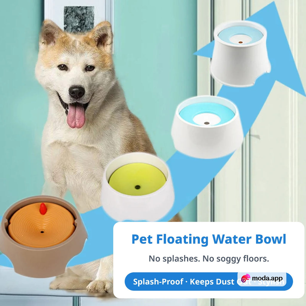 Splash-proof floating dog water bowl in four colors with a happy dog