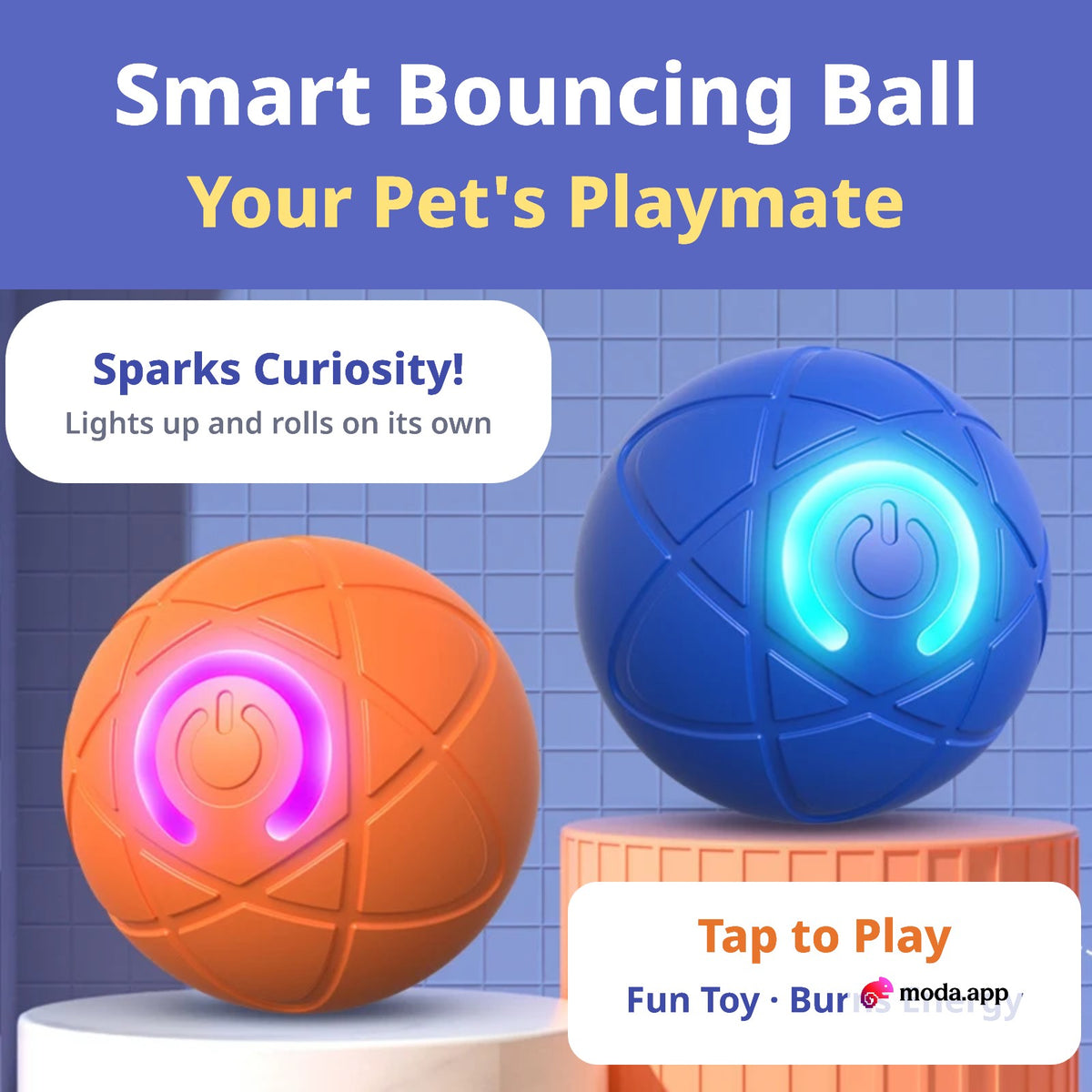 Smart bouncing ball pet toy in orange and blue with light-up rings